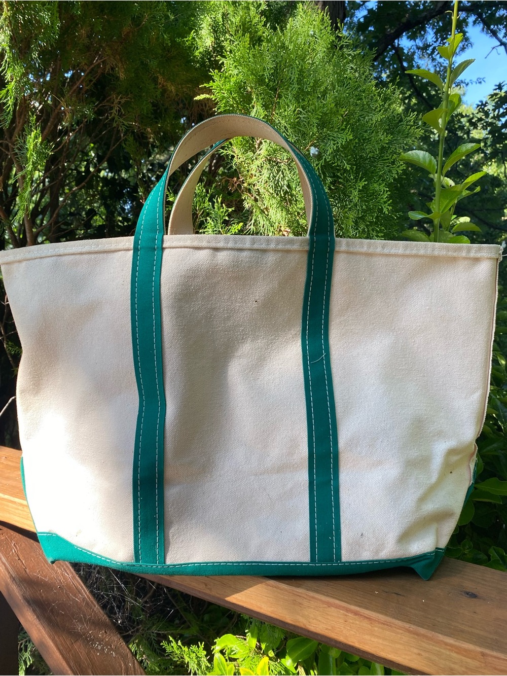 LL Bean Boat  and Tote Large Vintage Personalized Bag in Cream with Green Trim - Picture 2 of 11